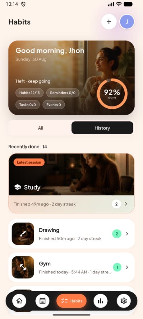 MeRhythm AI habits list with live sessions and streaks