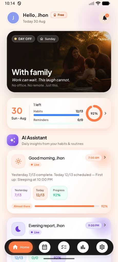 MeRhythm AI home screen with daily progress and AI insights