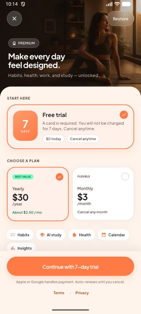 MeRhythm AI calendar month view with scheduled habits